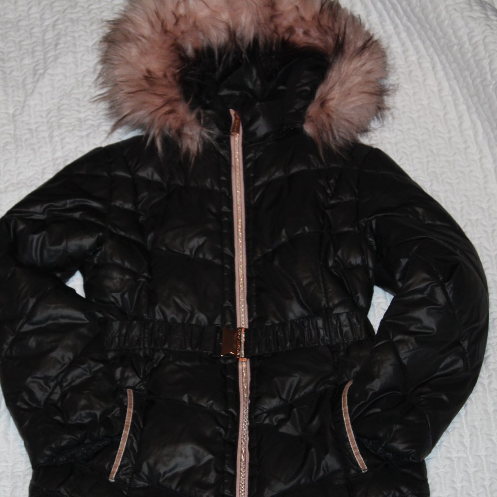 Michael Kors Puffer Coat-Faux Fur Trim Hooded Belted Logo On Sleeve Womens 10/12
